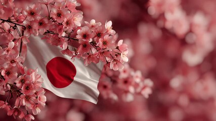 A japanese flag with cherry blossoms in the foreground
