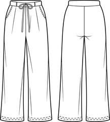 Technical fashion illustration, wide-leg pants front and back view, drawstring waist, flat vector, garment design, cad drawing