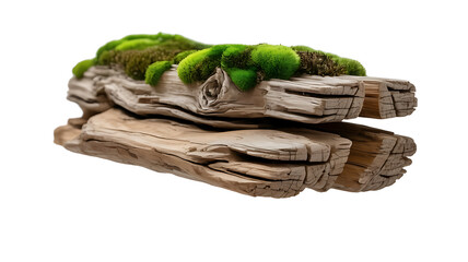 Driftwood Log with Moss Isolated on White Background, Natural Wood Texture, Green Moss Growth, Forest Element, Decorative Nature Object, Minimalist Design