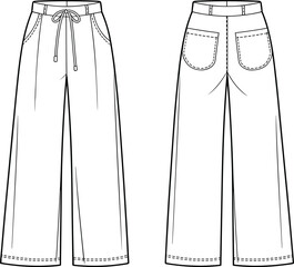 Technical fashion illustration, wide-leg pants front and back view, patch pockets, drawstring waist, flat vector, cad drawing