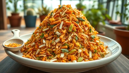 Spicy Thai chicken curry meal with rice, green vegetables, and pepper served in a white bowl