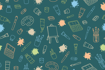 Artistic tools vector illustration featuring paintbrushes, palettes, easels, and art supplies against a colorful backdrop. Perfect for creative design and artistic projects.