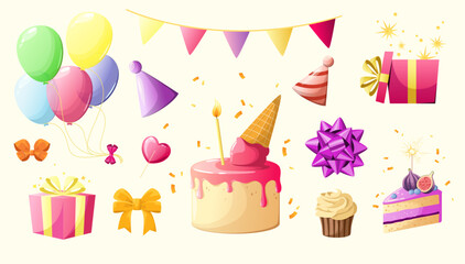 A set of festive objects for a birthday. Cartoon style. Vector.
