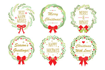 Cute green leaves Christmas circle wreaths with different style bows and messages icons set design elements on white background