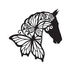 Stylized silhouette of a horse head with floral and butterfly design