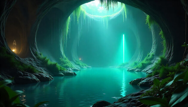 A mysterious ancient cenote surrounded by hovering monoliths, evoking an alien, otherworldly atmosphere. This sci-fi image is perfect for projects involving ancient mysteries and  space exploration.