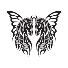 Two Tribal Horses With Butterfly Wings And Roses tattoo