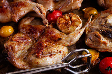 grilled quail meat, on a platter, tobacco, in the oven, with spices, homemade, without people,