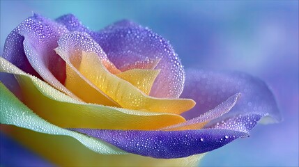 A close-up macro shot of a multi-colored rose with petals in shades of purple, yellow, and green, covered in tiny dew drops, set against a soft blue background.