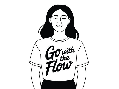 A young woman smiles while wearing a t-shirt that says "Go with the Flow."
