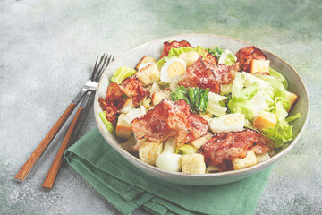 caesar salad with fried bacon, quail eggs, homemade, no people,