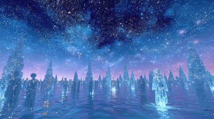 Surreal futuristic scene with glowing humanoid sculptures under starry night sky