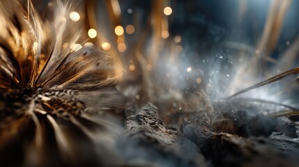 Close-up of Burning Feather with Sparks and Smoke in Dark Environment
