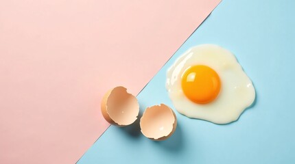 A glossy sunny-side-up egg and two cracked shells sit on a split pink-and-blue pastel background.