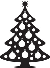 Black and white christmas tree silhouette with ornaments