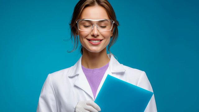 Smiling woman scientist in white lab coat and protective glasses holding blue folder with confident expression and confidence