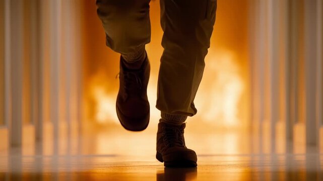 A person in light-colored cargo pants and sturdy boots walks with purpose down a reflective corridor, with an intense orange glow and flickering flames visible in the background.