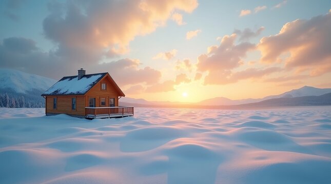 A snow-dusted wooden cabin (with a porch and chimney) rests in a vast, sunlit snowscape; golden sunset, mountains, and frosted pines fill the backdrop.