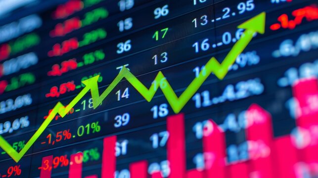 Illuminated green upward moving stock market graph on a digital display representing growth