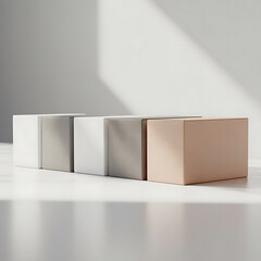 Row of five cardboard boxes in neutral colors isolated on white background