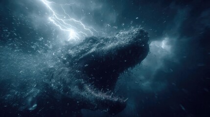 Dramatic Underwater Scene of a Crocodile with Thunderstorm and Lightning