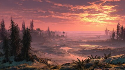 Post-Apocalyptic Landscape with Murky Waters and Dead Trees During Sunset