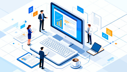 This isometric illustration depicts business professionals collaborating around a large laptop, surrounded by documents and office supplies, representing digital teamwork and corporate workflow.