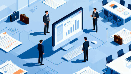 This isometric illustration depicts business professionals collaborating around a large laptop, surrounded by documents and office supplies, representing digital teamwork and corporate workflow.
