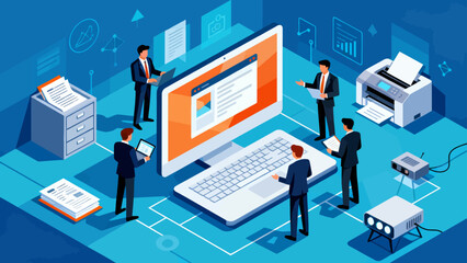 This isometric illustration depicts business professionals collaborating around a large laptop, surrounded by documents and office supplies, representing digital teamwork and corporate workflow.
