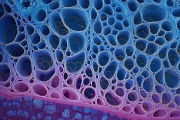 Microscopic cross-section view of porous biological tissue texture with blue and purple cells. Abstract scientific background