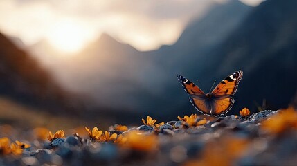 An orange butterfly with black markings rests on a rocky surface dotted with small yellow flowers. In the background, blurred mountains are silhouetted against