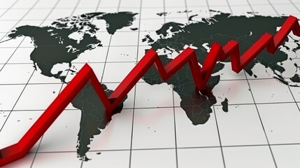 World map featuring a declining red line symbolizing global economic recession trends