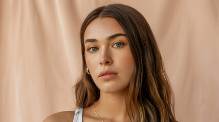 Naklejka premium Close-up portrait of a young woman with long brown hair and green eyes.