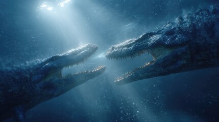 Two Tyrannosaurus Rex Dinosaurs Facing Off Under Water Surface in a Deep Sea Environment