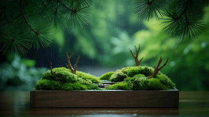 Miniature Moss Garden in Rain: Tranquil Zen Landscape with Lush Green Moss, Tiny Trees, and Gentle Raindrops for Serene Nature and Mindfulness Concepts