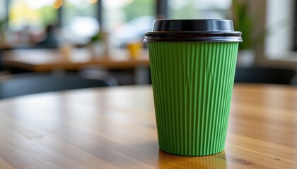 Capturing eco-friendly green disposable coffee cup in modern office setting close-up photography for sustainability concept