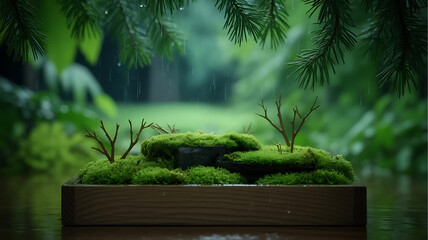 Miniature Forest in a Box: Mossy Landscape with Tiny Trees and Rain, Tranquil Nature Scene, Greenery and Wooden Box in a Serene, Rainy Environment
