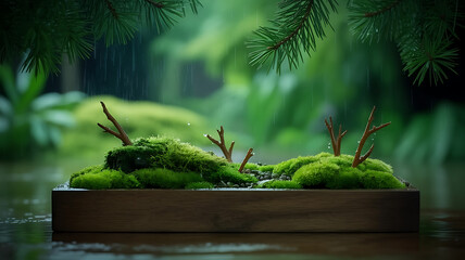 Miniature Moss Landscape in Wooden Box Under Rain, Lush Greenery and Tiny Branches, Serene Nature Scene, Tranquil Indoor Gardening Concept