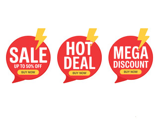 Three red sale tags with lightning bolts and buy now buttons advertising discounts.