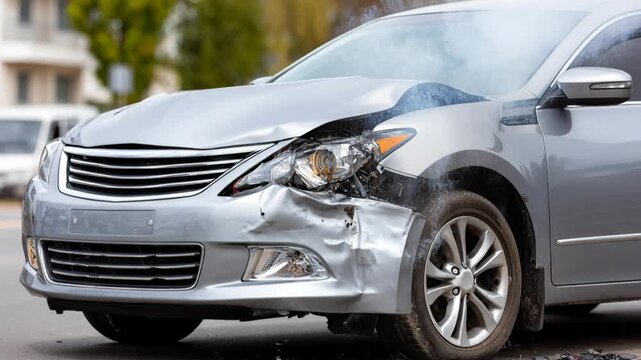 A silver car with extensive front-end damage and smoke emanating from its engine after a collision.