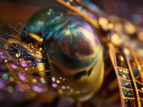 close up of a dragonfly eye shows iridescent colors