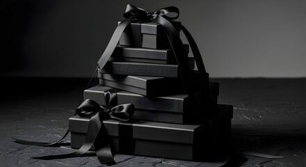 Elegant black gift boxes stacked high with satin ribbons for sophisticated promotions or a sleek, modern holiday sale campaign, offering luxury and allure