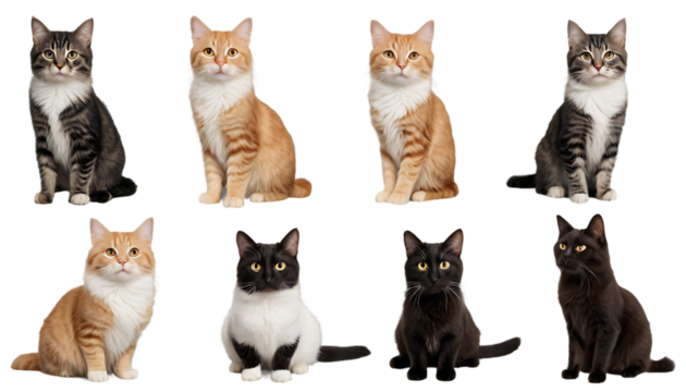 A detailed collection including a transparent pulled-pork sandwich, a vibrant rainbow arc, a rustic old hunting knife with a leather handle, and a versatile set of cats and clouds for creative design 