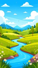 Fototapeta premium Serene Landscape with Winding River and Lush Green Hills Illustration.