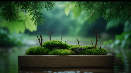 Miniature Landscape with Moss, Bare Trees, and Pine Branches in a Wooden Box on Water Surface During Rainfall, Creating a Tranquil and Natural Scene
