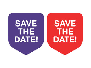 Two colorful "Save the Date!" tags are shown on a white background.