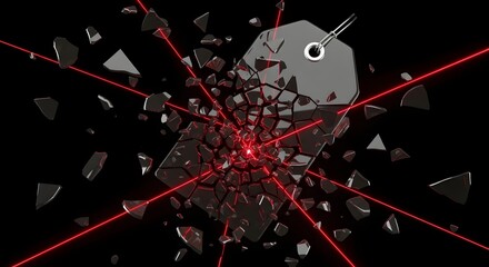Smashing sale event with shattered price tag and laser beams, perfect for explosive deals and discounts this Black Friday or Cyber Monday promo