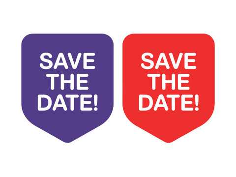 Two colorful "Save the Date!" tags are shown on a white background. - Powered by Adobe