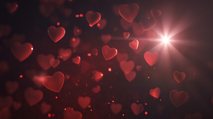 Floating Red Hearts Background with Bright Light Flare Abstract Romantic Love Concept Valentine Celebration Design