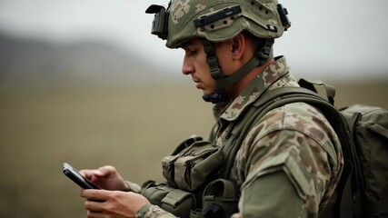 Young male soldier in camouflage uniform and tactical gear using a smartphone outdoors during a military operation, communicating or navigating in the field, side view. - Powered by Adobe